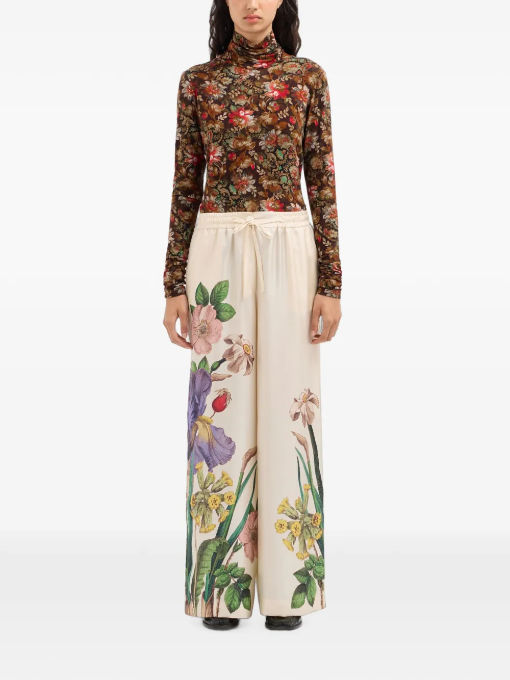 Pierre-Louis Mascia Aloe zijden palazzo broek met botanische print Beige