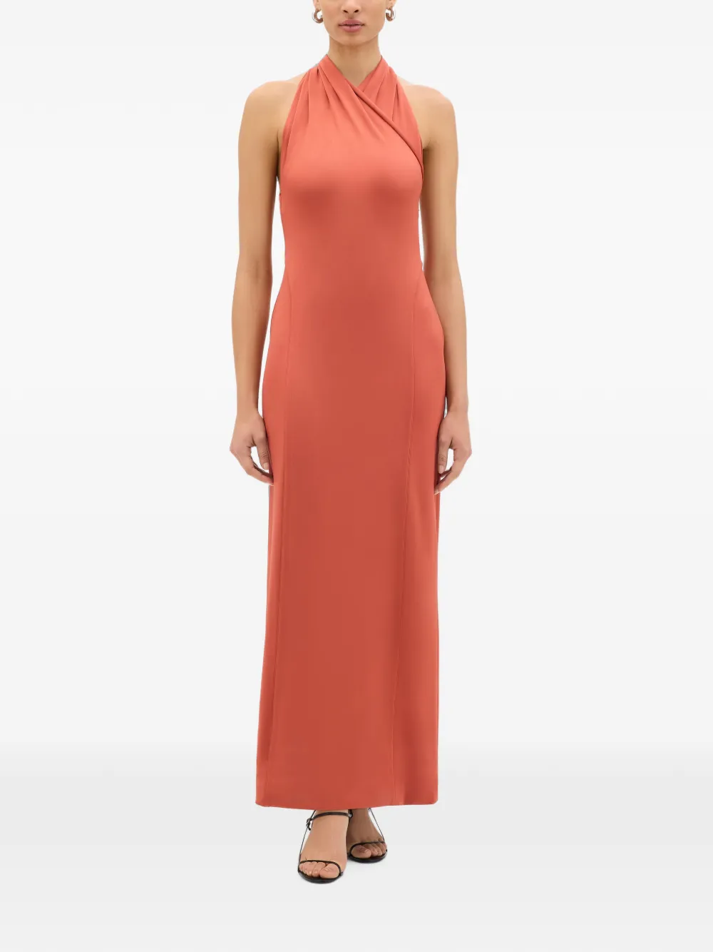 Another Tomorrow Gesmockte maxi-jurk met halternek Oranje