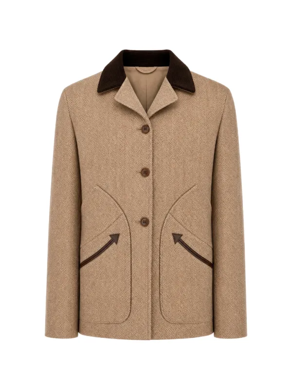 Fortela Herringbone-pattern Corduroy-collar Blazer in Neutrals