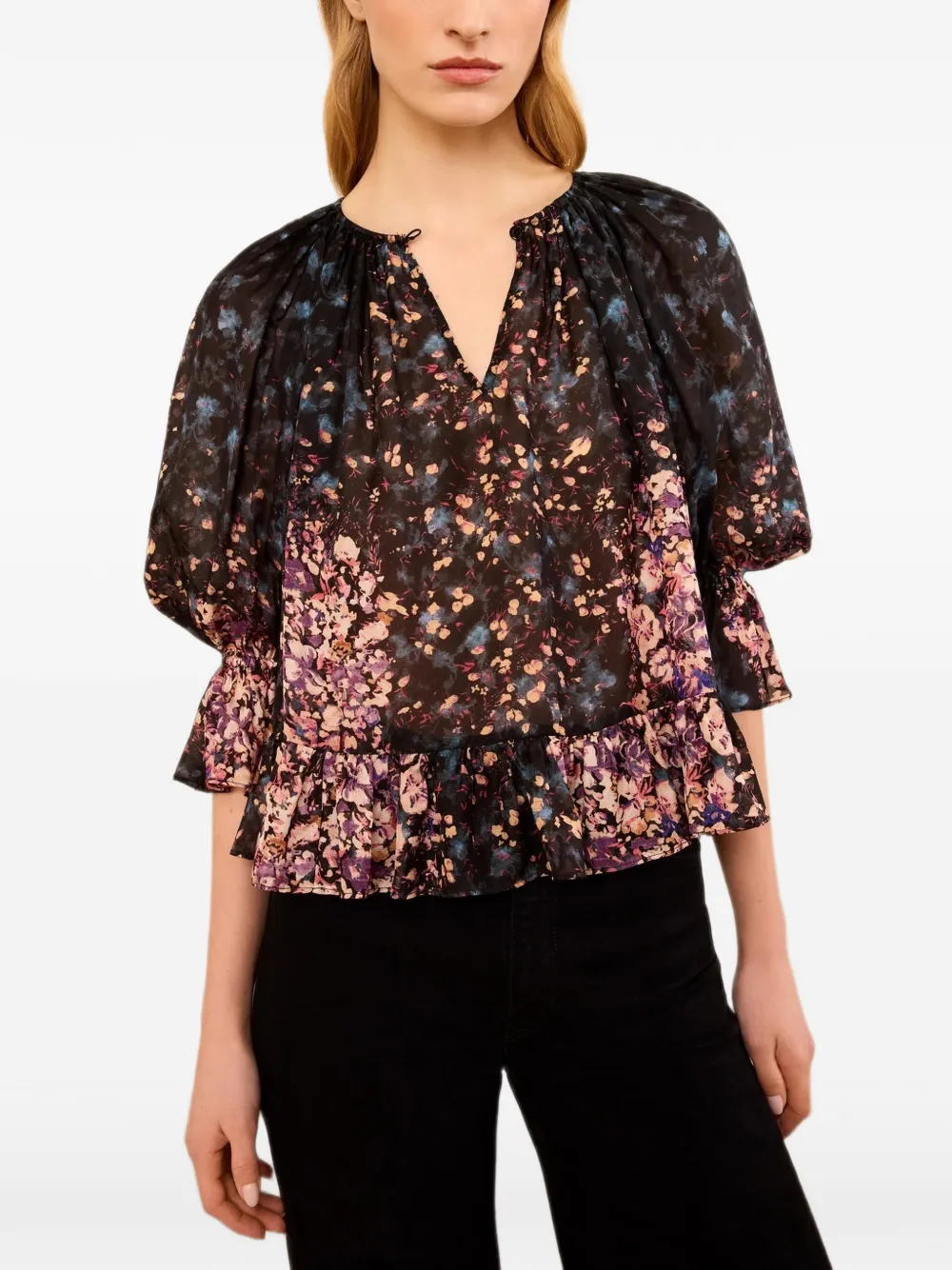 Ulla Johnson Elise blouse met ruches en bloemen jacquard Zwart