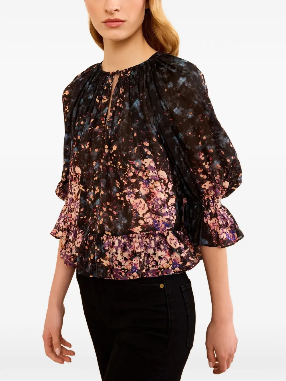 Ulla Johnson Elise blouse met ruches en bloemen jacquard Zwart
