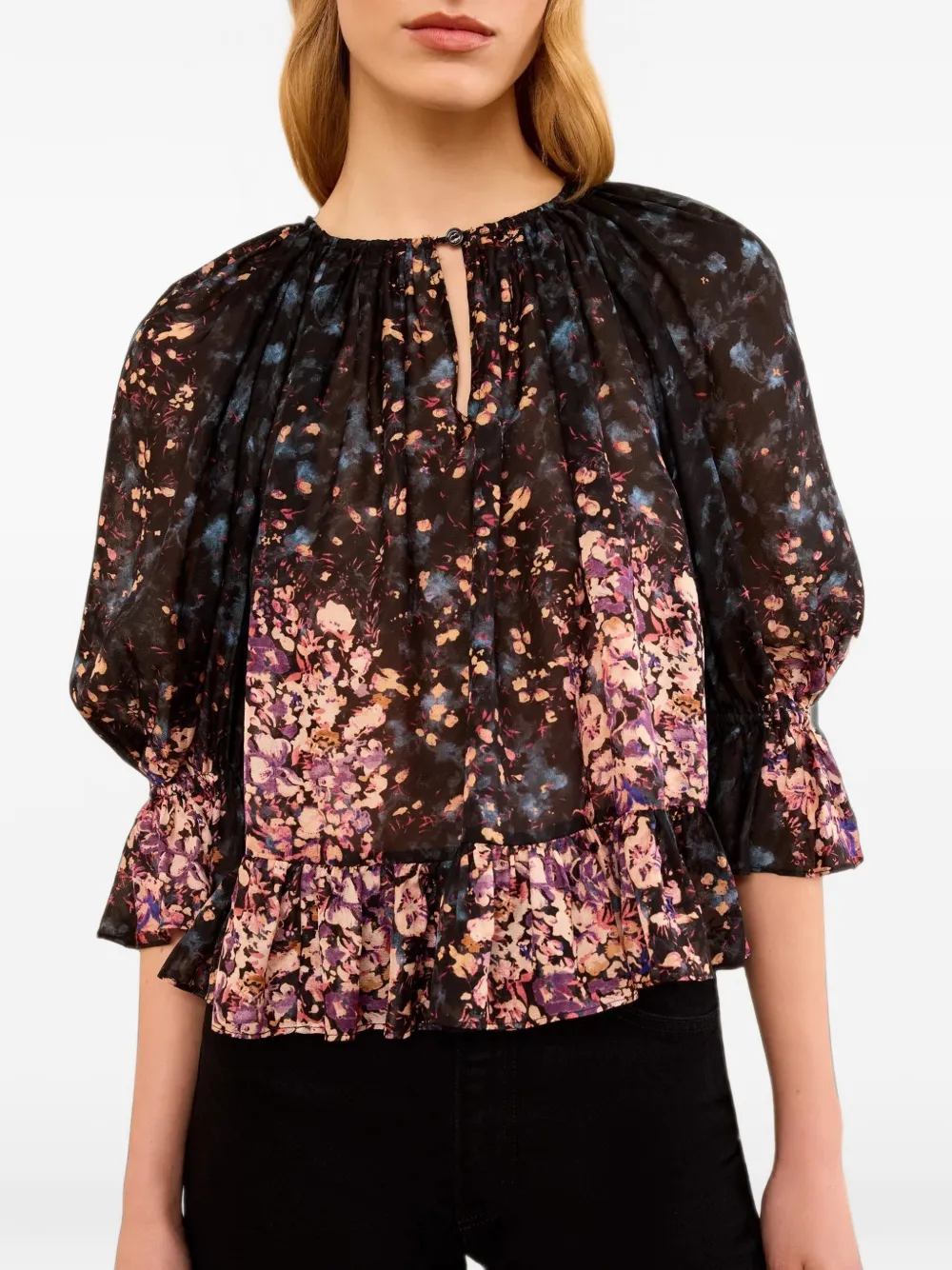 Ulla Johnson Elise blouse met ruches en bloemen jacquard Zwart
