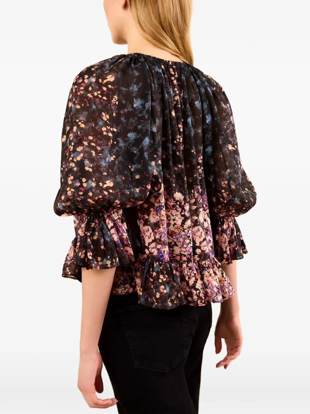 Ulla Johnson Elise blouse met ruches en bloemen jacquard Zwart