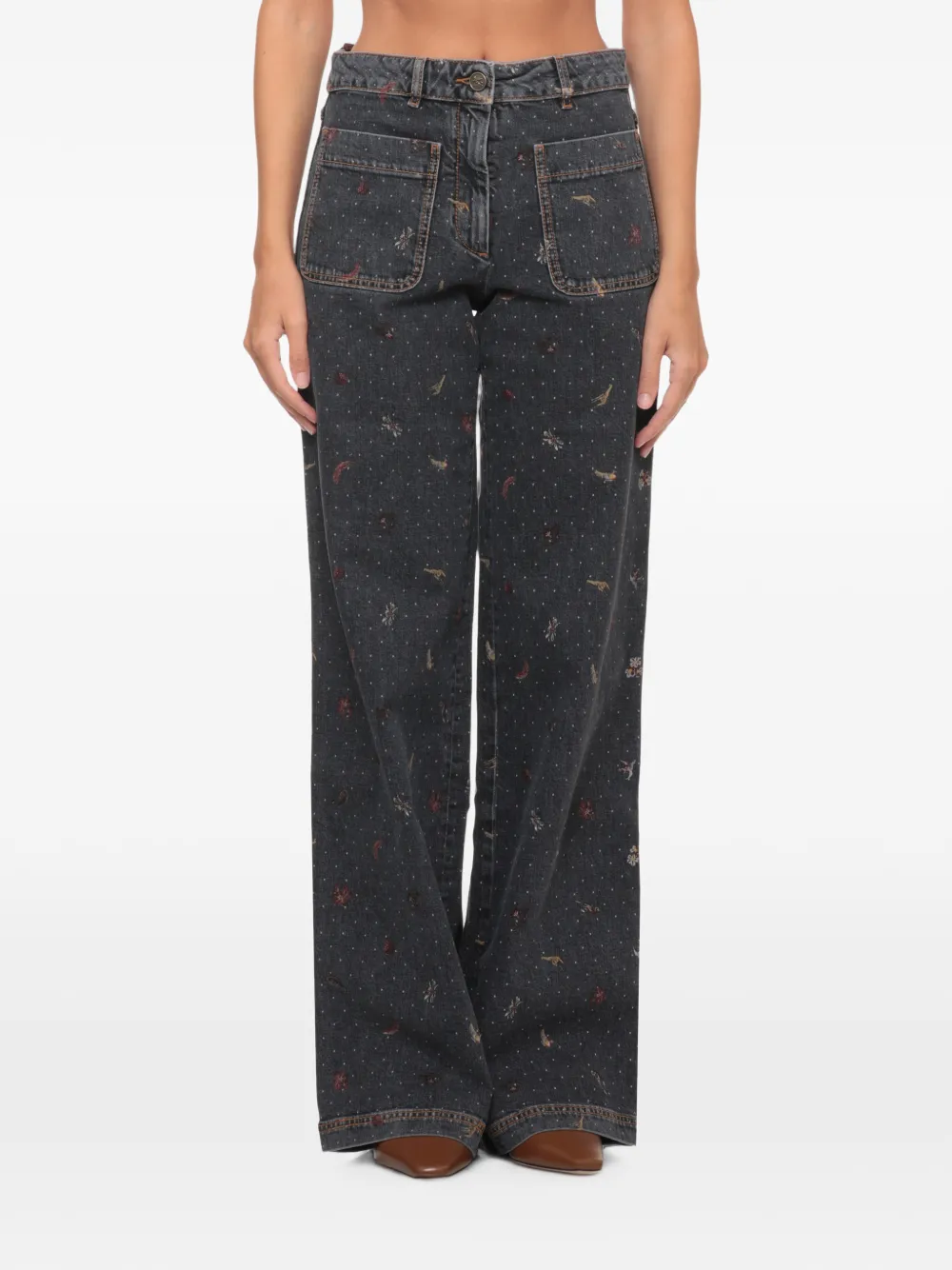 ETRO floral-embroidered polka-dot jeans - Grigio