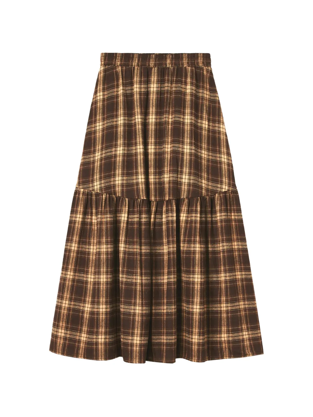 Fingercroxx Plaid Tiered Midi Skirt In Brown