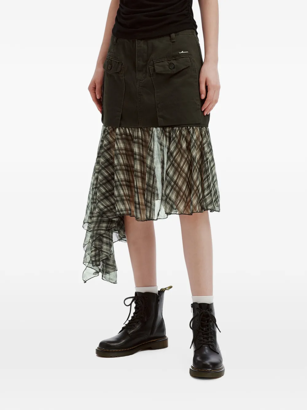 Musium Div. Check-pattern Ruffled Midi Skirt In Green