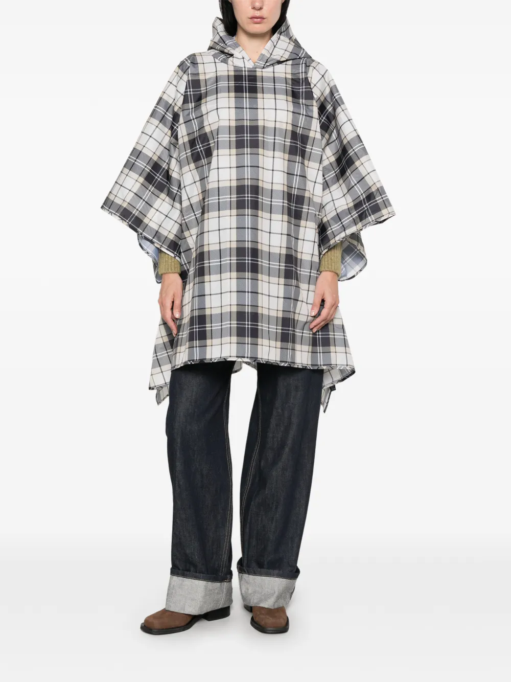 Barbour Poncho met tartan-ruit en capuchon Beige