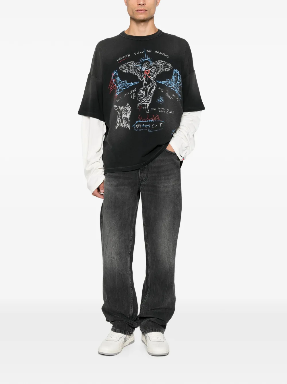 Represent T-shirt met gelaagde mouwen en grafische print Zwart