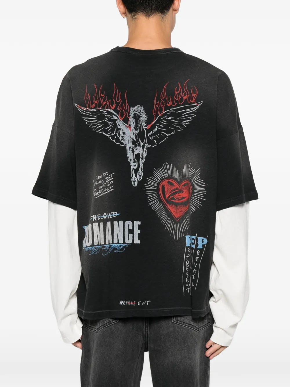 Represent T-shirt met gelaagde mouwen en grafische print Zwart