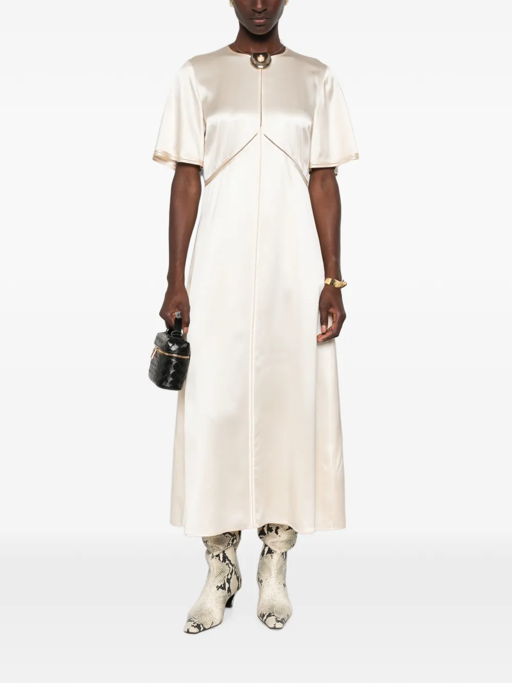 JOSEPH Satijnen midi-jurk met franje afwerking Beige