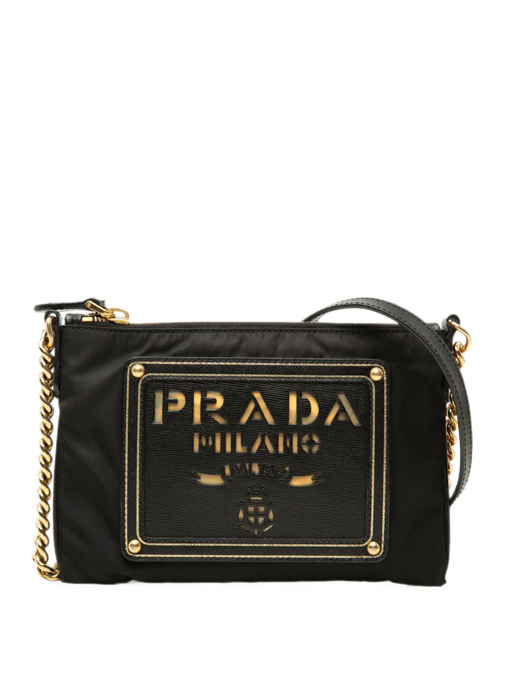 Prada Pre-Owned Borsa a tracolla in tessuto con finiture in pelle Saffiano e logo 2010-2026 - Nero