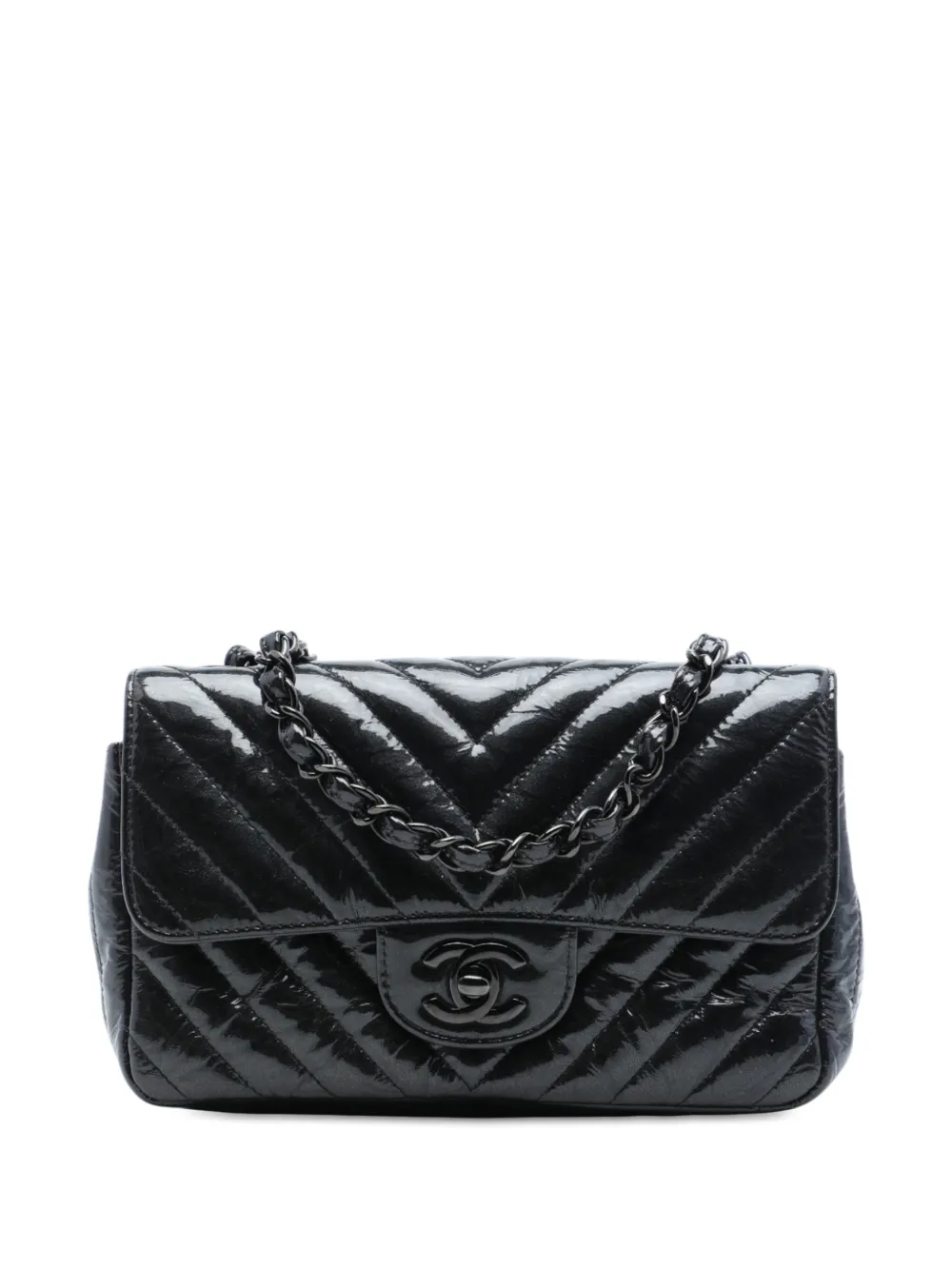CHANEL Pre-Owned Borsa a tracolla rettangolare mini in pelle verniciata con motivo chevron e battente 2018 - Nero