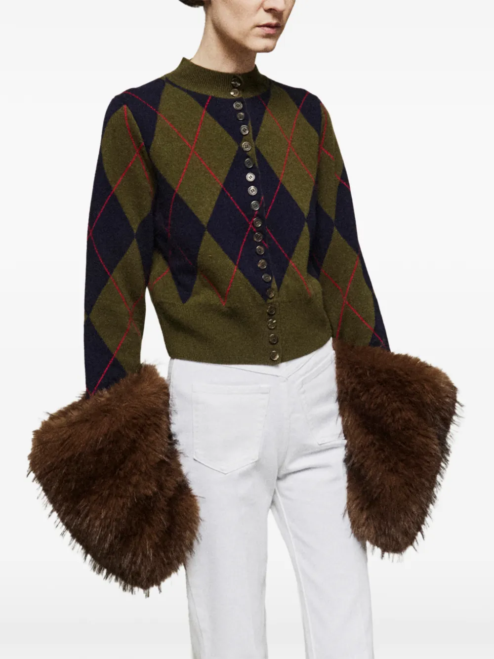 A.W.A.K.E. Mode Vest met argyle-patroon en manchetten van imitatiebont Groen