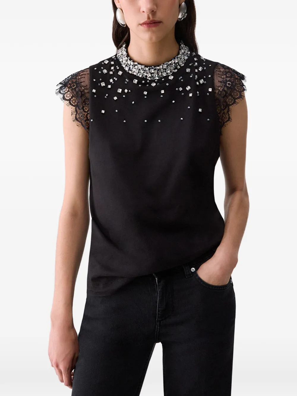 LIU JO T-shirt met kant en stras Zwart