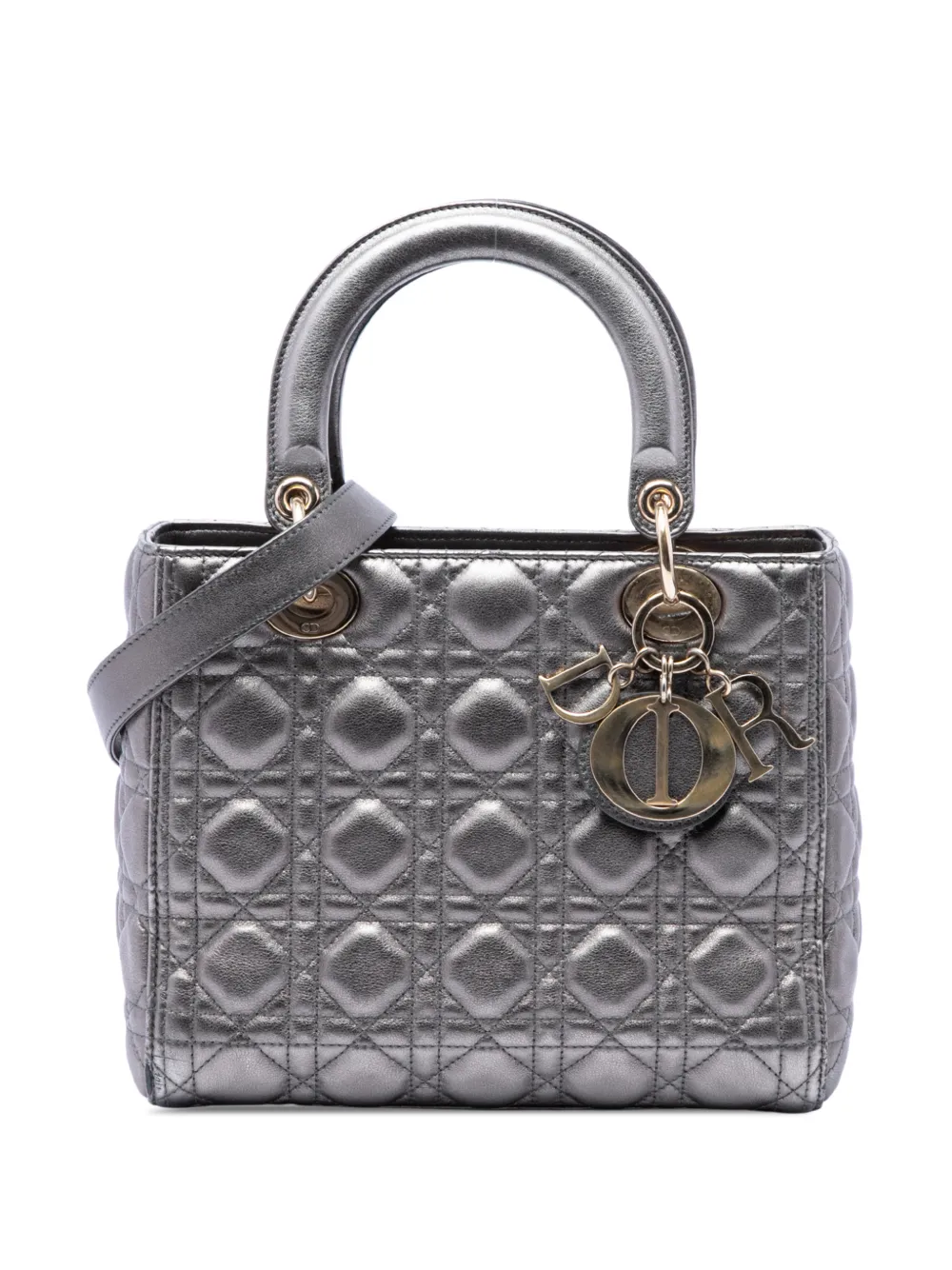 Christian Dior Pre-Owned Borsa a tracolla Lady Dior media in pelle di agnello metallizzata con motivo Cannage 2019 - Argento