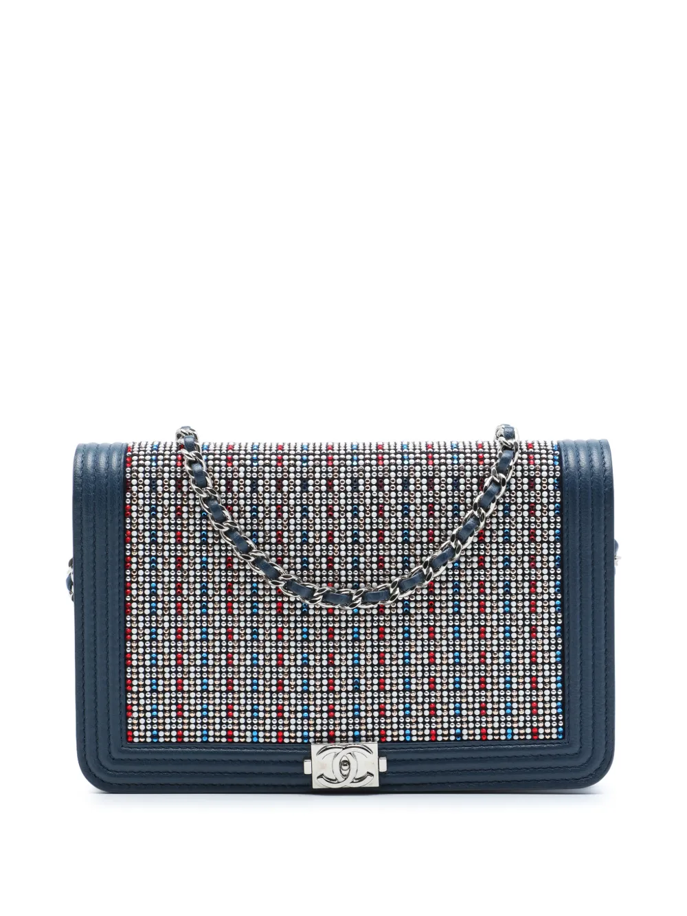 CHANEL Pre-Owned 2016-2017 Crystal Embellished Lambskin Boy Wallet On Chain crossbody bag - Blu