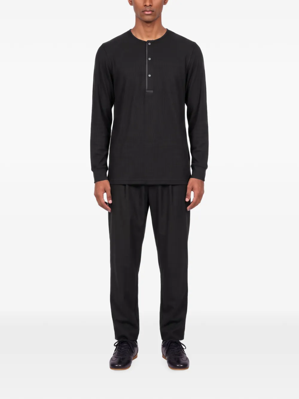 SIMKHAI Hezekiah Ribbed Long-sleeve Polo Shirt in Black, view 2