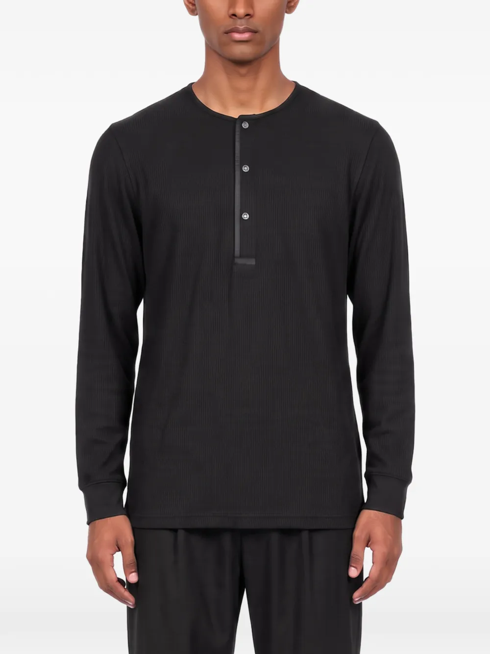 SIMKHAI Hezekiah Ribbed Long-sleeve Polo Shirt in Black, view 3