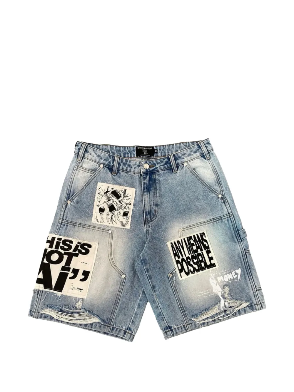 Mixed Emotion patchwork distressed denim shorts - Blau