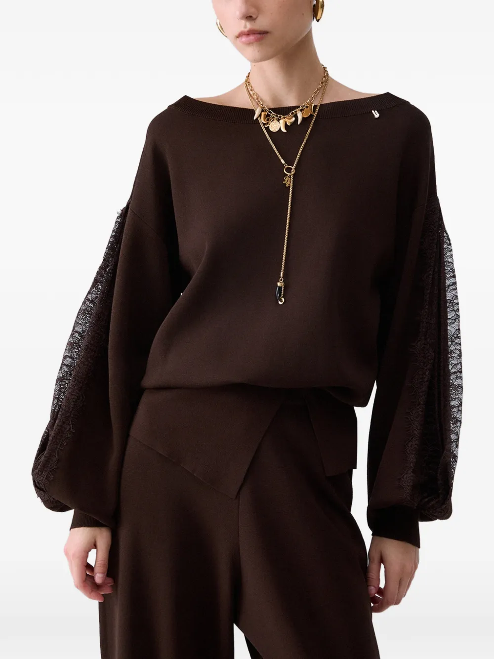 LIU JO sweater with lace inserts - Marrone