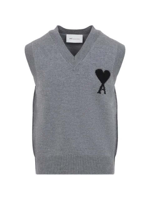 AMI Paris black sleeveless wool sweater with Ami de Coeur