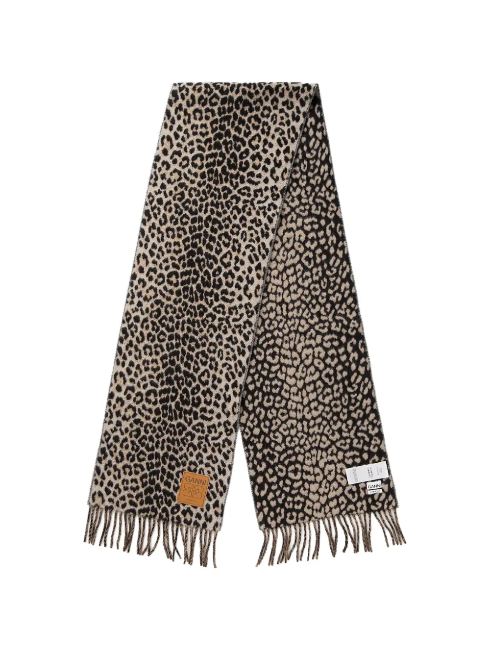 GANNI leopard-print fringed scarf - Toni neutri