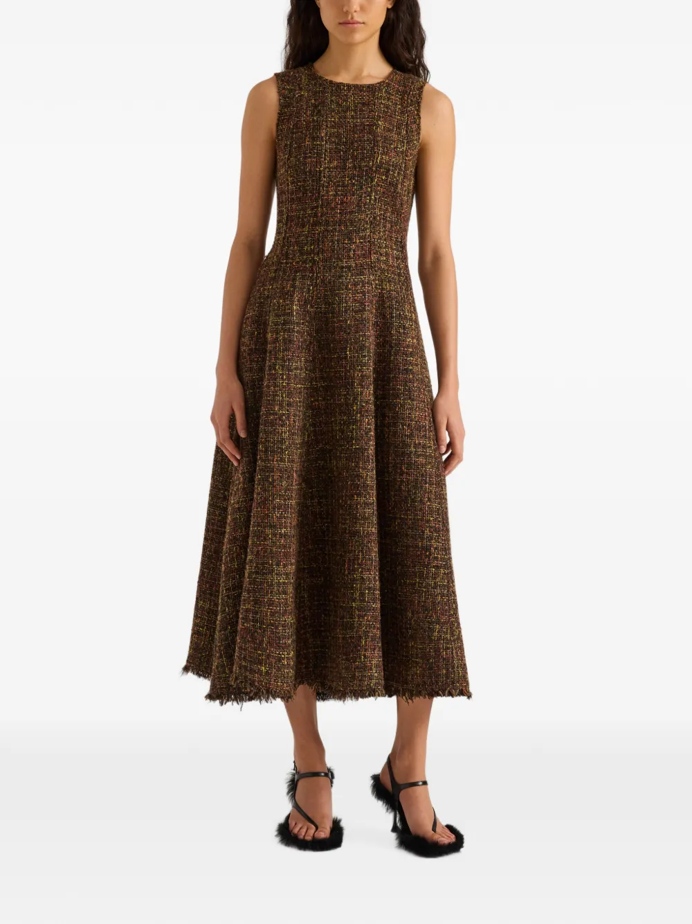 Proenza Schouler White Label Beatrix tweed midi-jurk met franje Bruin