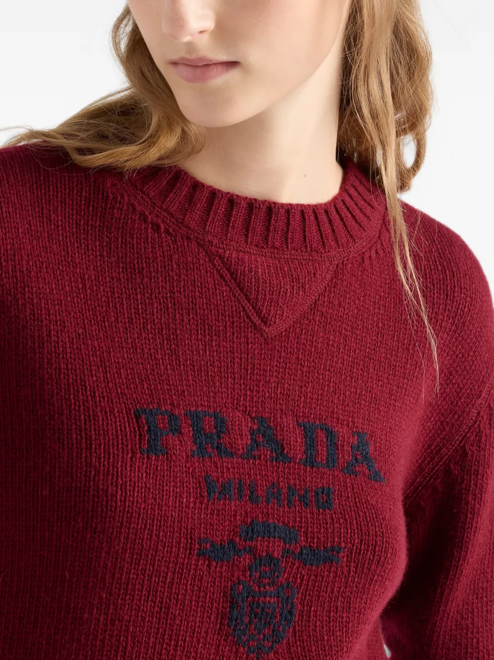 Prada Kasjmier en wollen trui met ronde hals en logo Rood