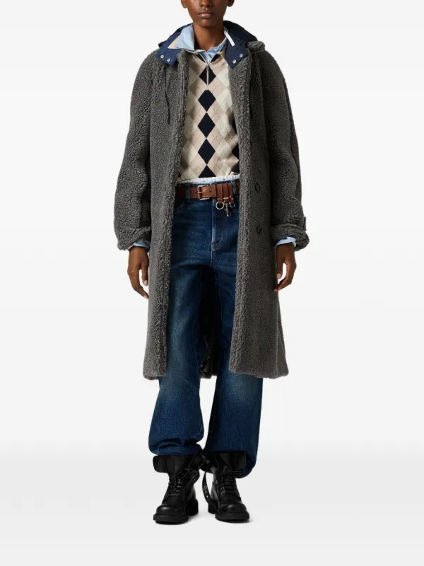 Miu Miu Hooded shearling-effect Coat | Grey | FARFETCH