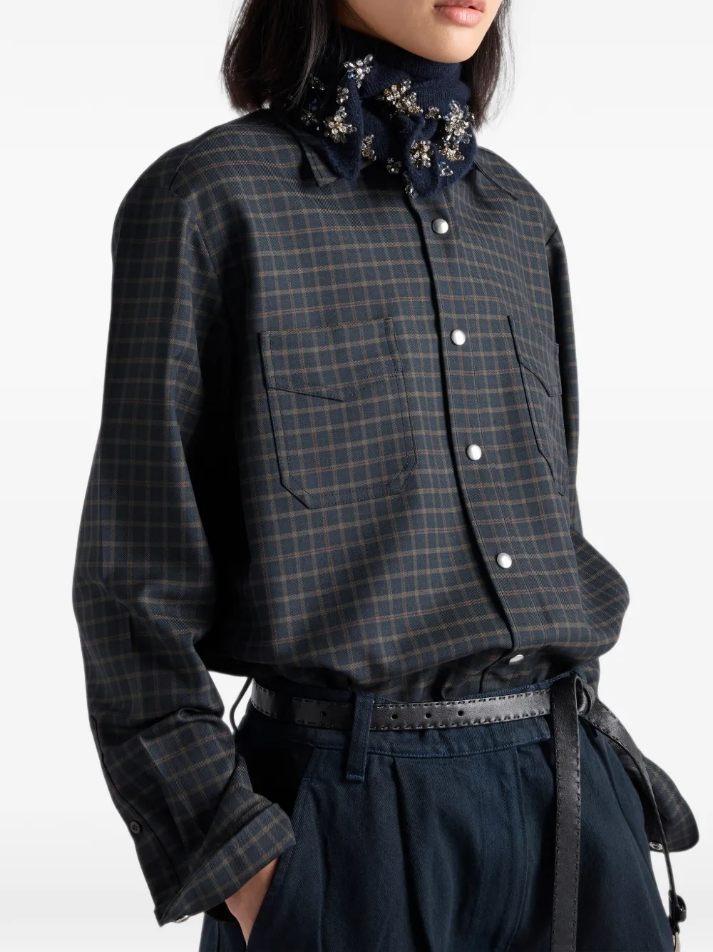 Prada Geruit wollen blouse Blauw