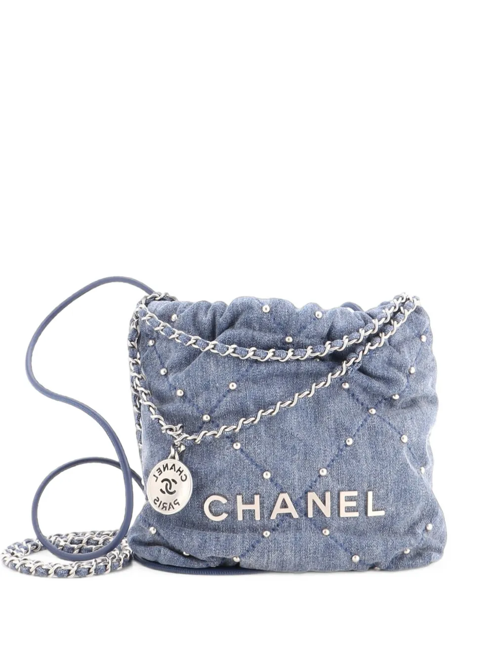 CHANEL Pre-Owned 22 Chain Quilted Studded Denim Mini hobo bag - Blu
