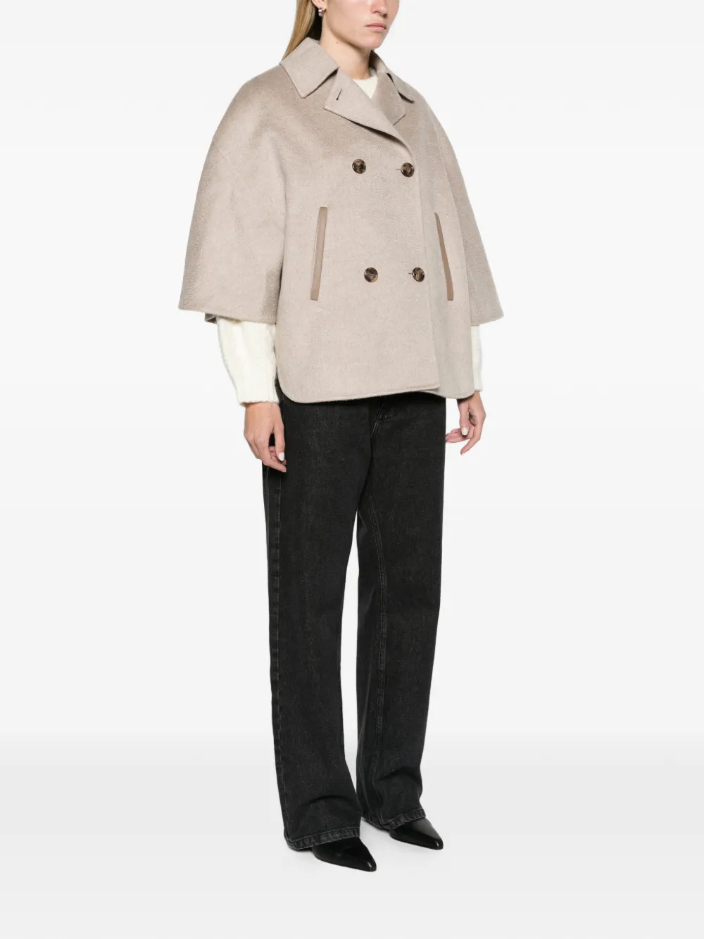 Max Mara double-breasted cape in zibeline cashmere sand Beige