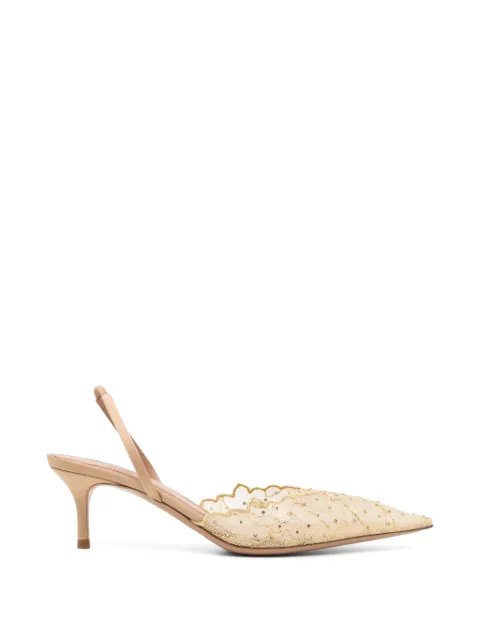 Gedebe 60mm crystal-embellished lace slingback pumps