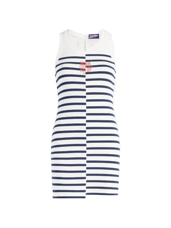 Jean Paul Gaultier Stretch Cotton Asymetric Short Dress Knitted Marinière with Logo Detail in White