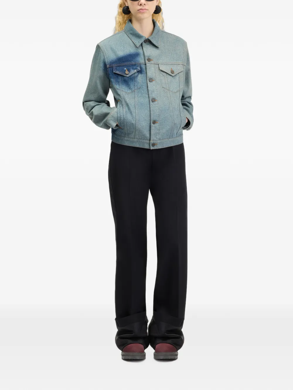 Jean Paul Gaultier Denim Jacket with Face Print in Blue, view 2