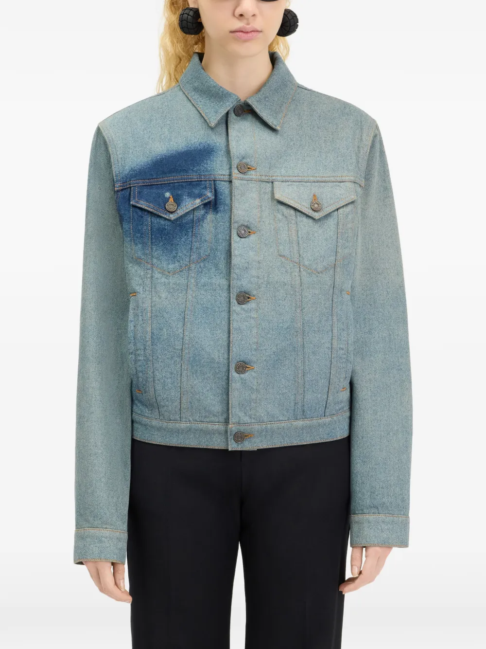 Jean Paul Gaultier Denim Jacket with Face Print in Blue, view 5