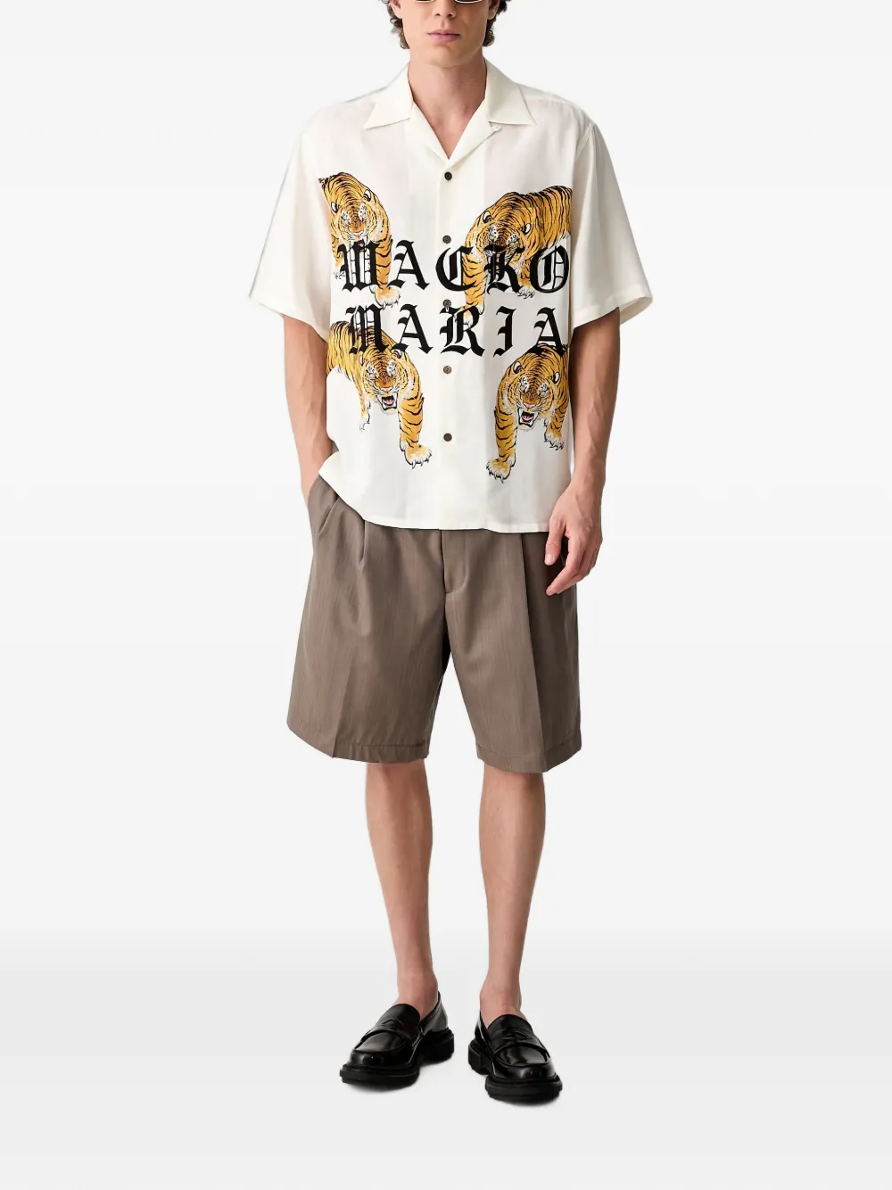 WACKO MARIA Overhemd met tijger-print en logo-print Beige