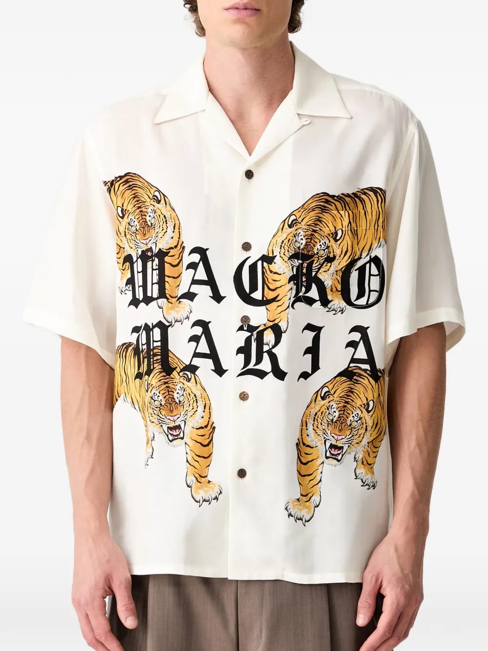 WACKO MARIA Overhemd met tijger-print en logo-print Beige