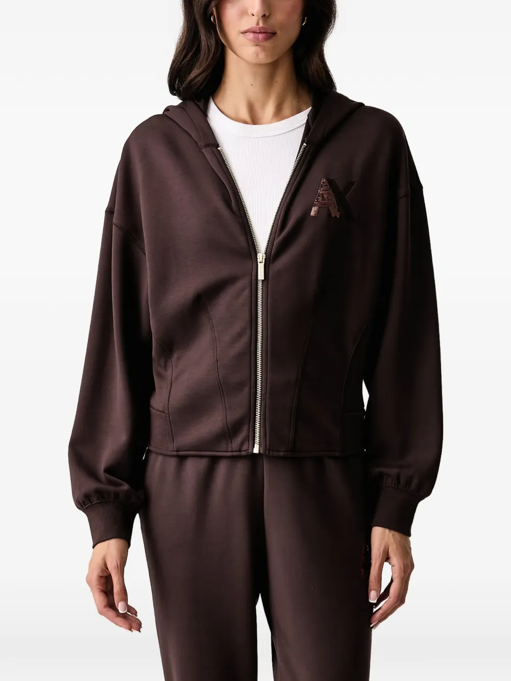 Armani Exchange sequin-logo zip-up hoodie - Brown