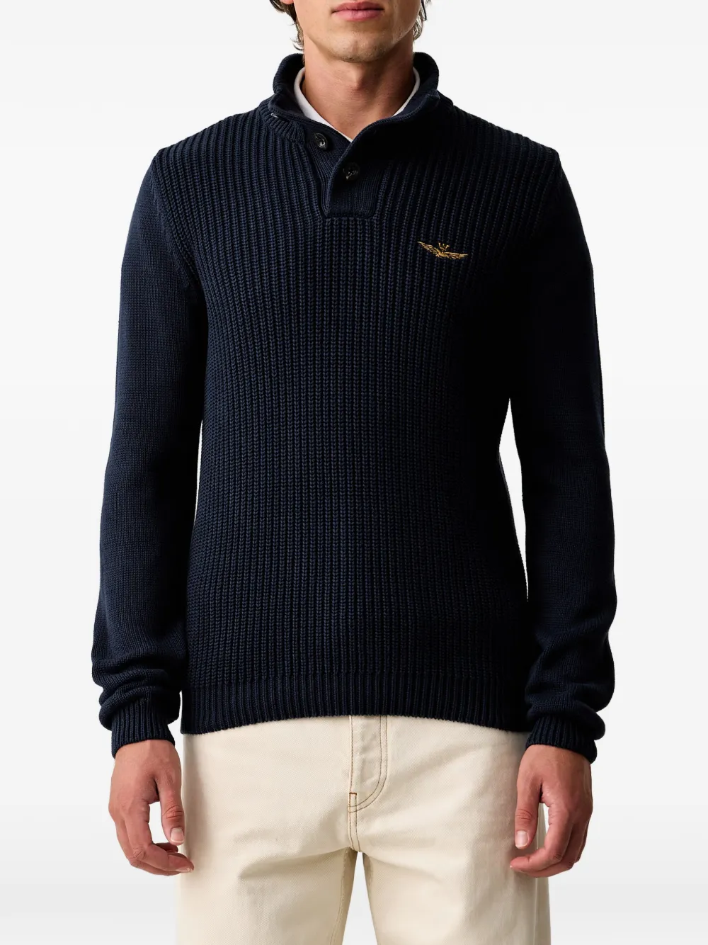 Aeronautica Militare Ribgebreide trui met geborduurd logo Blauw