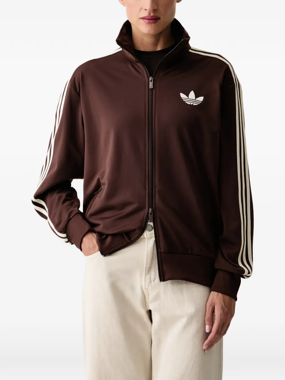 Adidas Originals Logo-embroidered Striped Zip-up Sweatshirt In Brown