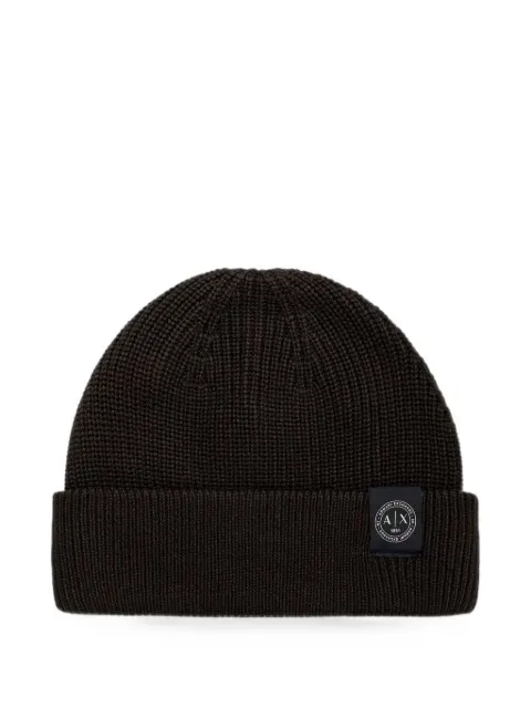 Armani Exchange logo-patch ribbed-knit beanie hat