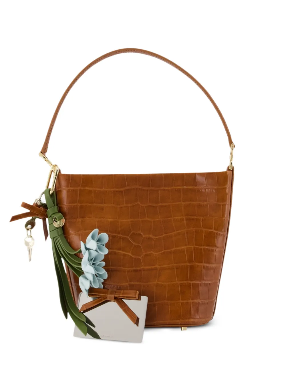 Self-Portrait croc-effect leather bucket bag - Marrone