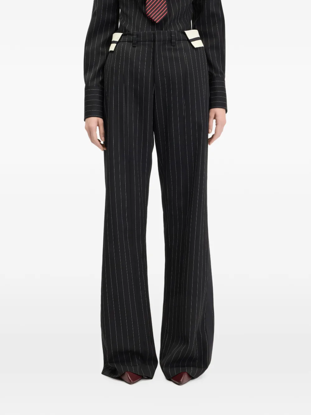 Jean Paul Gaultier Broek met contrasterende tailleband en krijtstreep Zwart