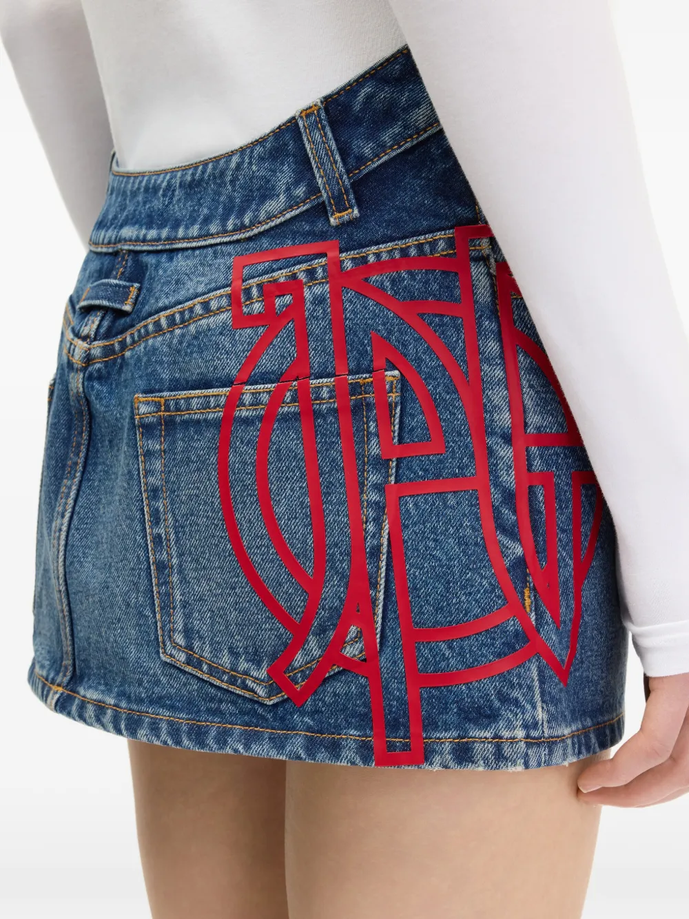 Jean Paul Gaultier Denim mini-rok met golvende tailleband en JPG-print Blauw