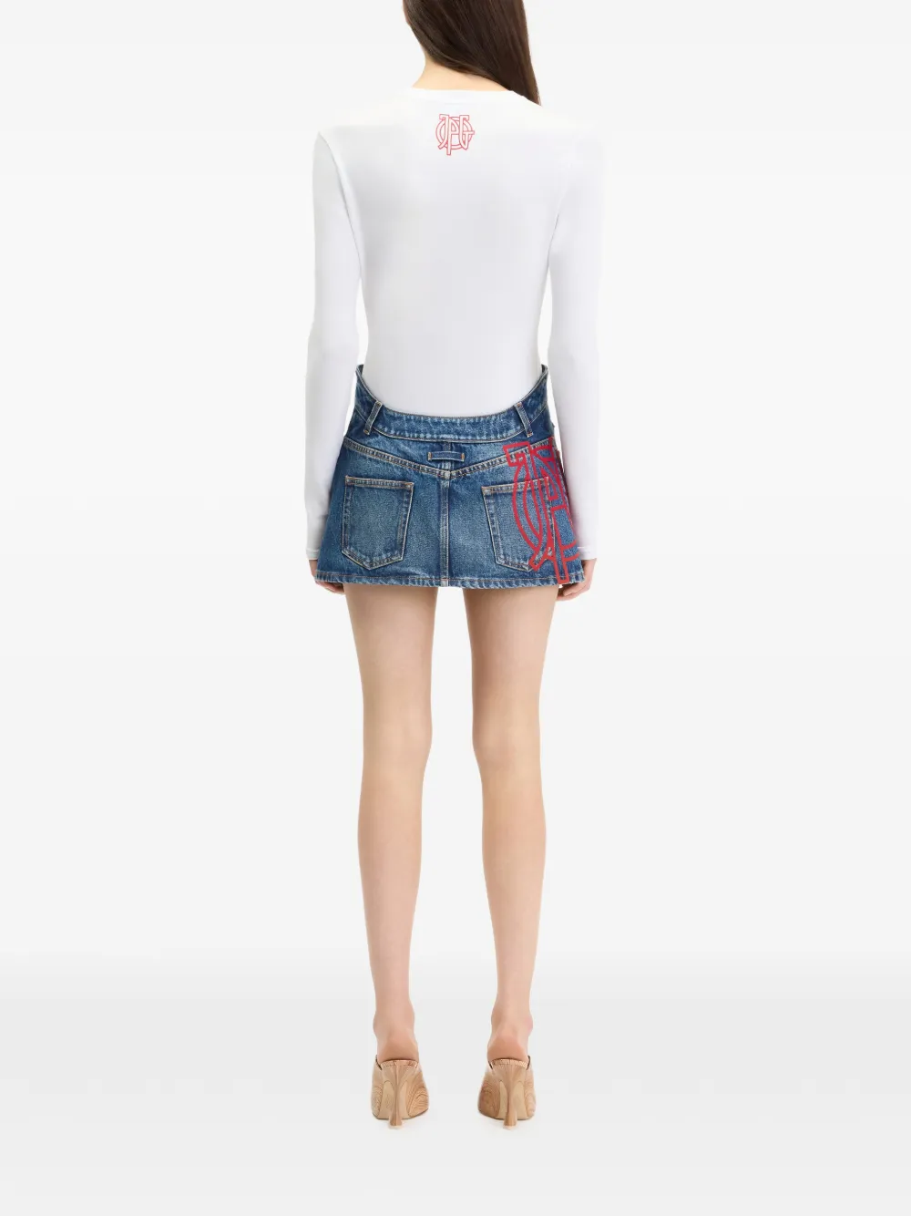 Jean Paul Gaultier Denim mini-rok met golvende tailleband en JPG-print Blauw