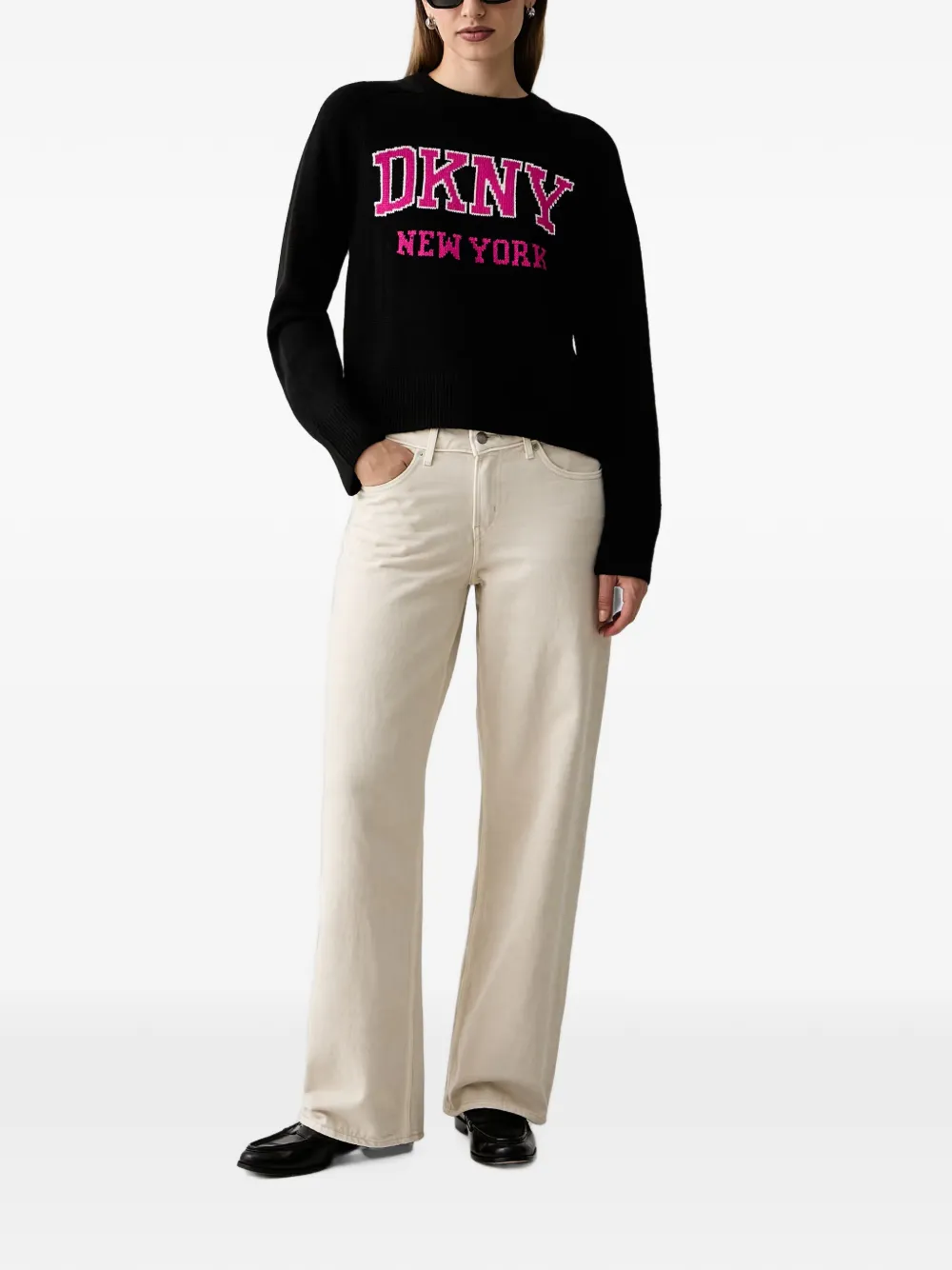 DKNY Bell intarsia-logo raglan-sleeve sweater Zwart