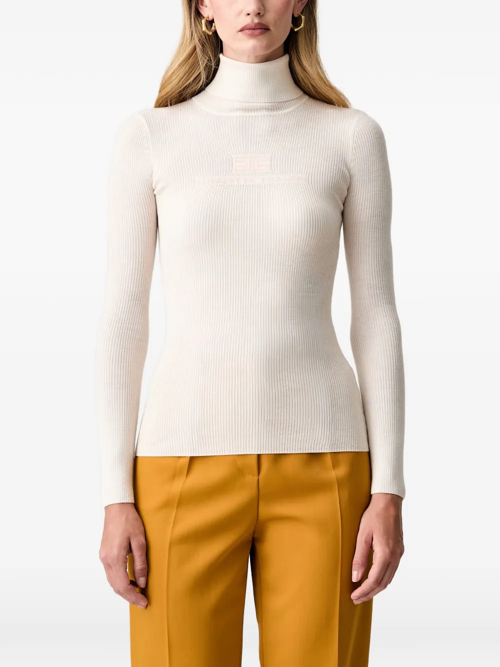 Elisabetta Franchi Logo-embroidered Ribbed-knit Sweater In Neutrals