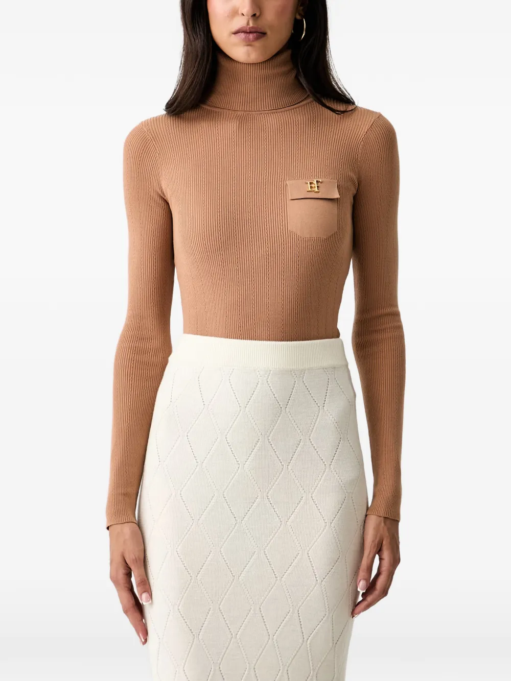 Elisabetta Franchi Ribbed-knit Logo-plaque Sweater In Neutrals
