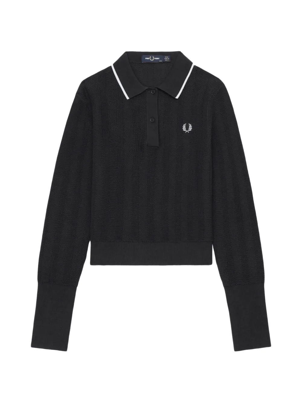 Fred Perry Textured-knit Long-sleeve Polo Top In Black